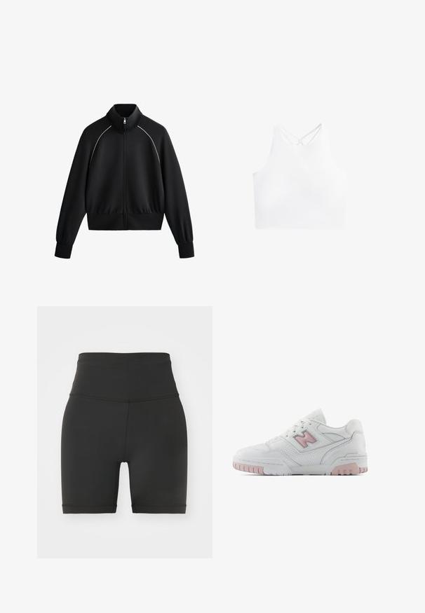 Zwarte sportieve zip-up jack met hoge kraag, geribde manchetten en tailleband. Heeft witte piping langs de schouders en een gladde, textuurstof.; Witte sportieve crop top met een hoge halslijn en dubbele kruislings strapjes op de rug, met een gladde, rekbare stoftextuur.; Zwarte hoge taille fietsshort gemaakt van rekbaar materiaal, met een soepele textuur, nauwsluitend ontwerp en afgewerkte randen. Geen zichtbare patronen of accenten.; Witte sportieve schoen met roze accenten. Beschikt over glad leer, geperforeerde secties en een dikke rubberen zool. Veters zijn van standaardstijl.
