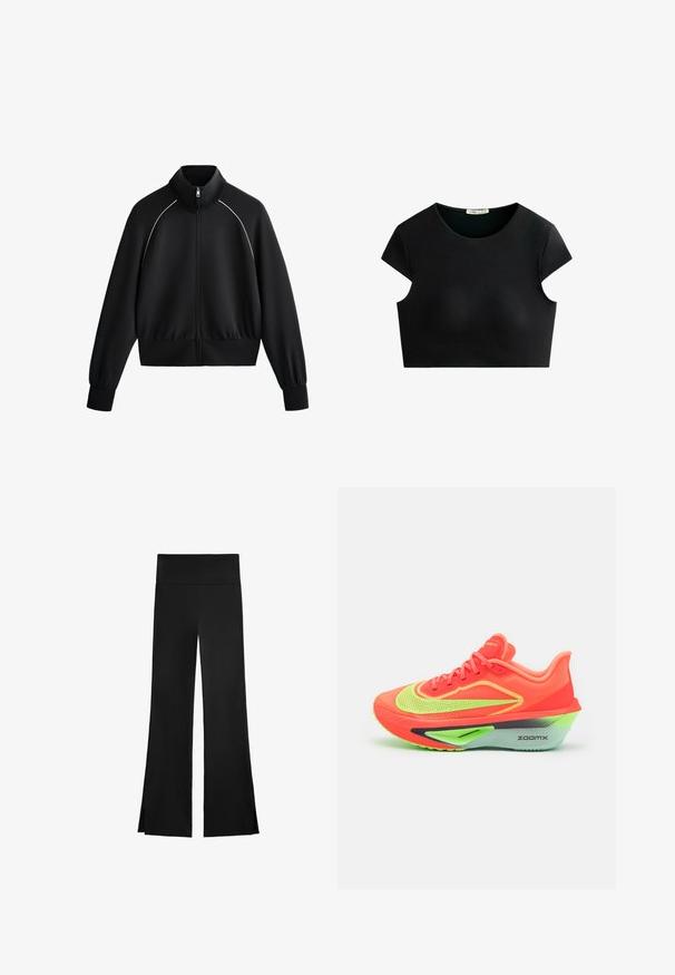 Zwarte sportieve zip-up jack met hoge kraag, geribde manchetten en tailleband. Heeft witte piping langs de schouders en een gladde, textuurstof.; Zwarte cropped top met korte mouwen, een ronde halslijn, een gladde textuur en een minimalistisch ontwerp. Gemaakt van rekbaar materiaal.; Zwarte broek met een wijd beenontwerp, voorzien van een hoge tailleband en zijsplitten voor gemakkelijke beweging. Gemaakt van een gladde, rekbare stof.; Neon oranje hardloopschoen met een ademende mesh bovenkant, opvallende groene accenten en een kenmerkende dikke schuim middenzool voor demping.