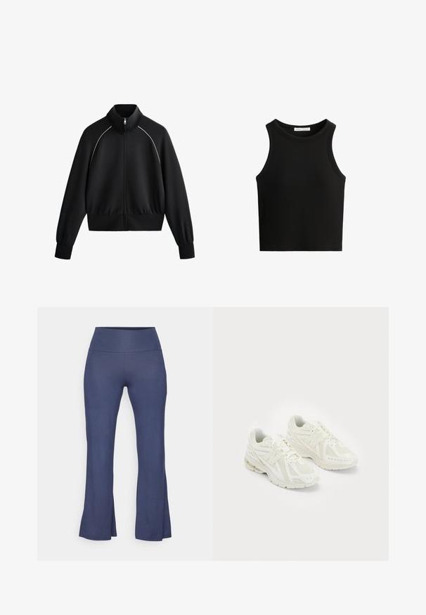 Jachetă sport neagră cu fermoar și guler înalt, cu manșete și talie ribbed. Prezintă detalii albe pe umeri și un material neted, texturat.; Top de tip tank, negru, cu guler rotund și brațe ample. Materialul pare moale, având un design ajustat.; Yogasearcher JAIPUR FLARE PANTS - Pantaloni de trening - navy; Pantofi sport albi confecționați din materiale din plasă și sintetice, design cu șireturi, guler căptușit și talpă texturată pentru aderență. Construcție ușoară.
