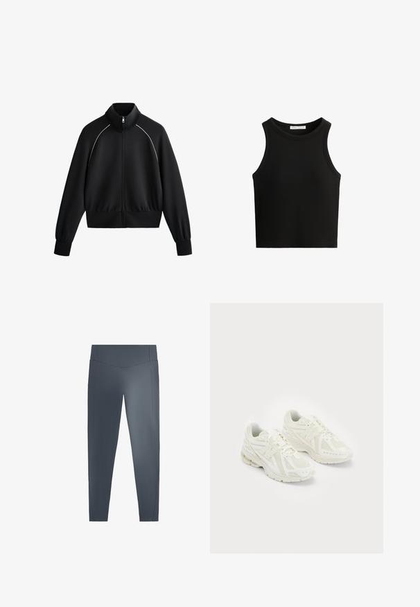 Crna atletska jakna na zip s visokim ovratnikom, rebrastim manžetama i pojasom. Ima bijele detalje duž ramena i glatku, teksturiranu tkaninu.; Crna rebrasta majica na bretele, s okruglim izrezom i širokim izrezima za ruke. Materijal izgleda mekano s uskim krojem.; Tamno sive tajice s glatkom teksturom, visokim strukom i dva bočna džepa. Imaju minimalno šivanje i dizajn nogavica koji se sužava.; Bijele atletske cipele izrađene od mrežastih i sintetičkih materijala, s dizajnom na vezivanje, podstavljenim ovratnikom i teksturiranom potplatom za prijanjanje. Lagana konstrukcija.