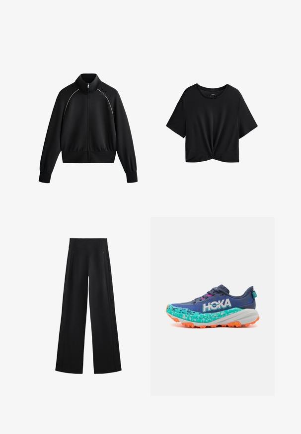 Čierna atletická zipsová bunda s vysokým golierom, rebrovanými manžetami a pásom. Obsahuje biele lemovanie pozdĺž ramien a hladký, textúrovaný materiál.; Čierne skrátené tričko s krátkymi rukávmi vyrobené z mäkkej látky, s okrúhlym výstrihom a uzlovým detailom na spodnom leme.; Široké čierne nohavice vyrobené z mäkkého materiálu, s vysokým pásom a dvoma zipsovými vreckami, so subtílnymi švami po stranách.; HOKA SPEEDGOAT 6 - Trailové bežecké topánky - varsity blue/meteor
