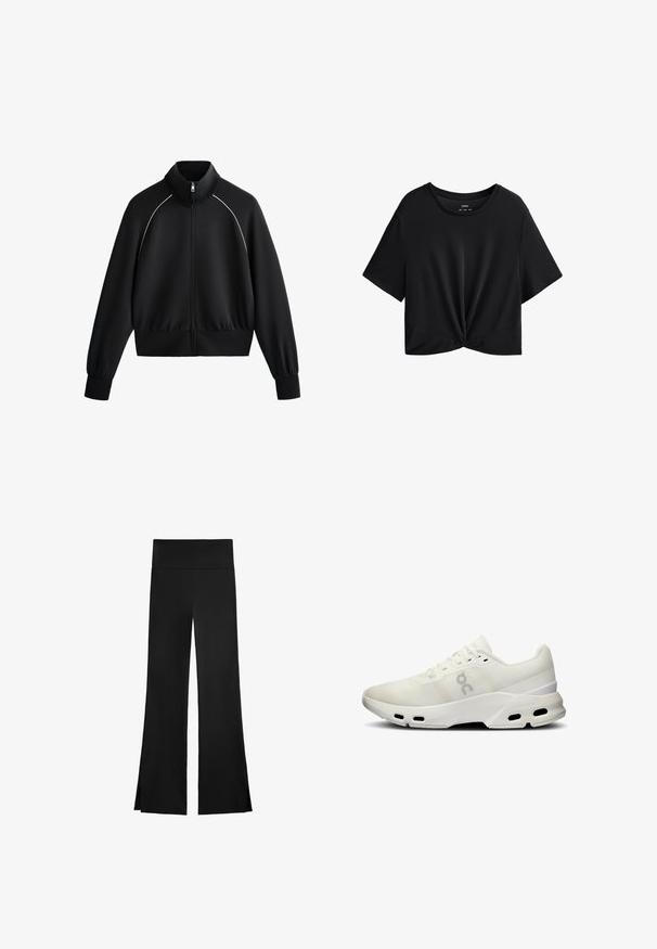 Black athletic zip-up jacket with high collar, ribbed cuffs, and waistband. Features white piping along shoulders and a smooth, textured fabric.; Black cropped t-shirt made of soft fabric, featuring a round neckline, short sleeves, and a knotted front detail at the hem.; Black pants with a wide-leg design, featuring a high waistband and side slits for ease of movement. Made from a smooth, stretchy fabric.; White athletic shoe with mesh upper, padded collar, and textured detailing; features Cloudtec sole with ventilation holes for breathability.
