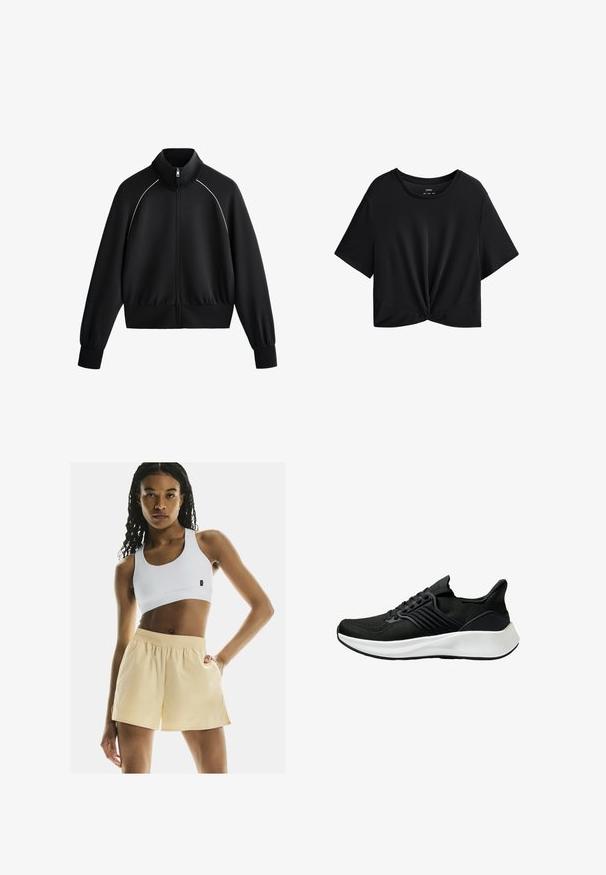 Jachetă sport neagră cu fermoar și guler înalt, cu manșete și talie ribbed. Prezintă detalii albe pe umeri și un material neted, texturat.; Tricou scurt, negru, confecționat dintr-un material moale, cu guler rotund, mâneci scurte și un detaliu legat în față la tiv.; Sutien sport alb și pantaloni scurți galbeni deschis cu un brâu elastic, textură netedă și o croială lejeră, echipați cu buzunare laterale.; Pantof cu aspect sportiv de culoare neagră, cu ușă din material texturat, sistem de șirete și o talpă intermediară albă. Include un profil jos și un design al tălpii curbat.