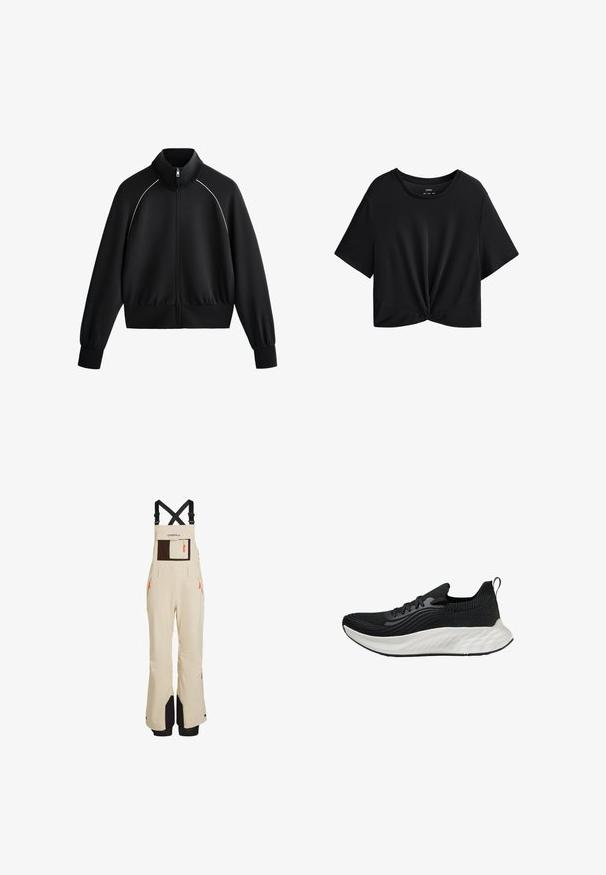 Giacca da uomo nera sportiva con zip e colletto alto, polsini e orlo a coste. Presenta una bordatura bianca sulle spalle e un tessuto liscio e strutturato.; T-shirt cropped nera realizzata in tessuto morbido, con scollo rotondo, maniche corte e dettaglio annodato sul fondo.; Pantaloni da neve beige con spalline nere regolabili, dotati di una grande tasca frontale marrone, tasche laterali con cerniera e accenti neri nella parte inferiore.; Scarpe sportive nere con tomaia testurizzata, suola bianca ammortizzata e branding discreto. Presentano un'utilità per il tallone e chiusura con lacci.