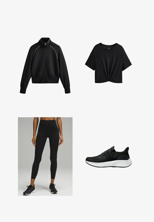 Giacca da uomo nera sportiva con zip e colletto alto, polsini e orlo a coste. Presenta una bordatura bianca sulle spalle e un tessuto liscio e strutturato.; T-shirt cropped nera realizzata in tessuto morbido, con scollo rotondo, maniche corte e dettaglio annodato sul fondo.; Leggings neri a vita alta con una superficie liscia e un design aderente, abbinati a scarpe da ginnastica nere con suola bianca.; Scarpa atletica nera con tomaia in tessuto testurizzato, sistema di lacci e una suola intermedia bianca. Presenta un profilo basso e un design della suola curvato.