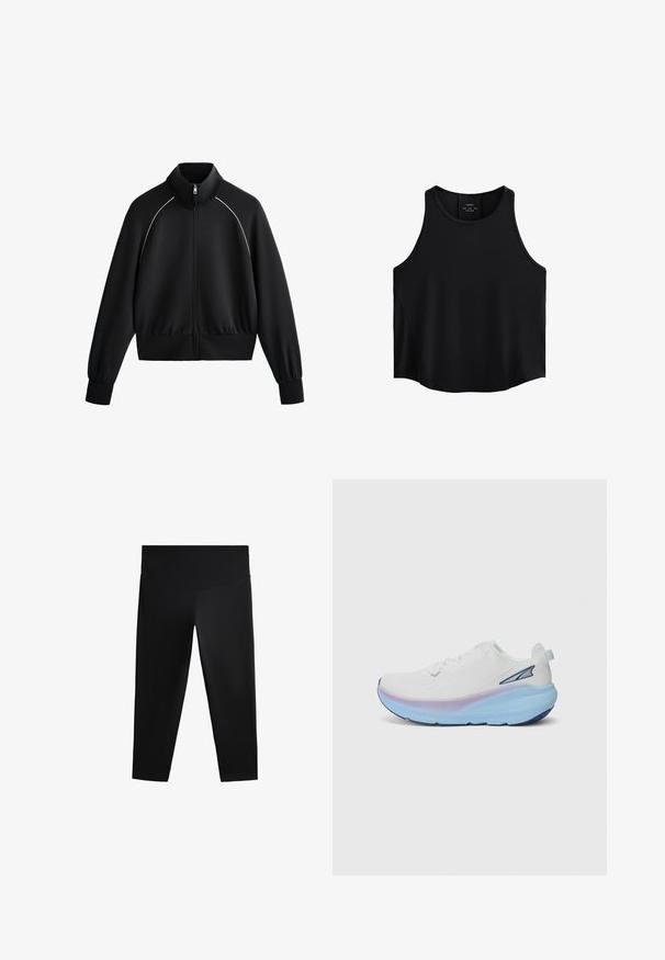 Giacca da uomo nera sportiva con zip e colletto alto, polsini e orlo a coste. Presenta una bordatura bianca sulle spalle e un tessuto liscio e strutturato.; Top senza maniche nero realizzato in tessuto liscio, caratterizzato da un collo arrotondato, taglio dritto e pannelli laterali con una leggera trama.; Leggings capri neri realizzati in tessuto elasticizzato, con vita alta e una superficie liscia. Nessun motivo visibile o decorazioni.; Scarpa da corsa bianca con una tomaia testurizzata, caratterizzata da una suola in gradiente nei toni del blu e del viola, e un piccolo logo di accento sul lato.