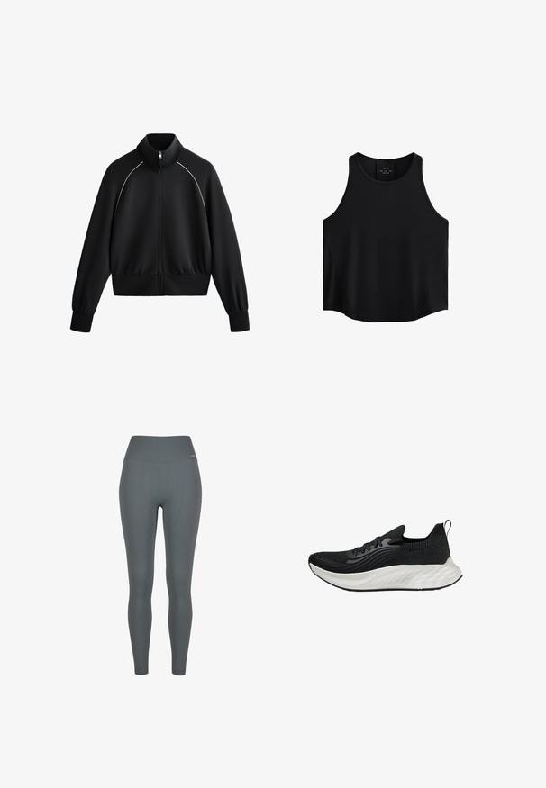 Giacca da uomo nera sportiva con zip e colletto alto, polsini e orlo a coste. Presenta una bordatura bianca sulle spalle e un tessuto liscio e strutturato.; Top senza maniche nero realizzato in tessuto liscio, caratterizzato da un collo arrotondato, taglio dritto e pannelli laterali con una leggera trama.; Leggings a coste di colore grigio scuro, caratterizzati da una vita alta, tessuto elastico e design aderente. Senza loghi o motivi visibili.; Scarpe sportive nere con tomaia testurizzata, suola bianca ammortizzata e branding discreto. Presentano un'utilità per il tallone e chiusura con lacci.