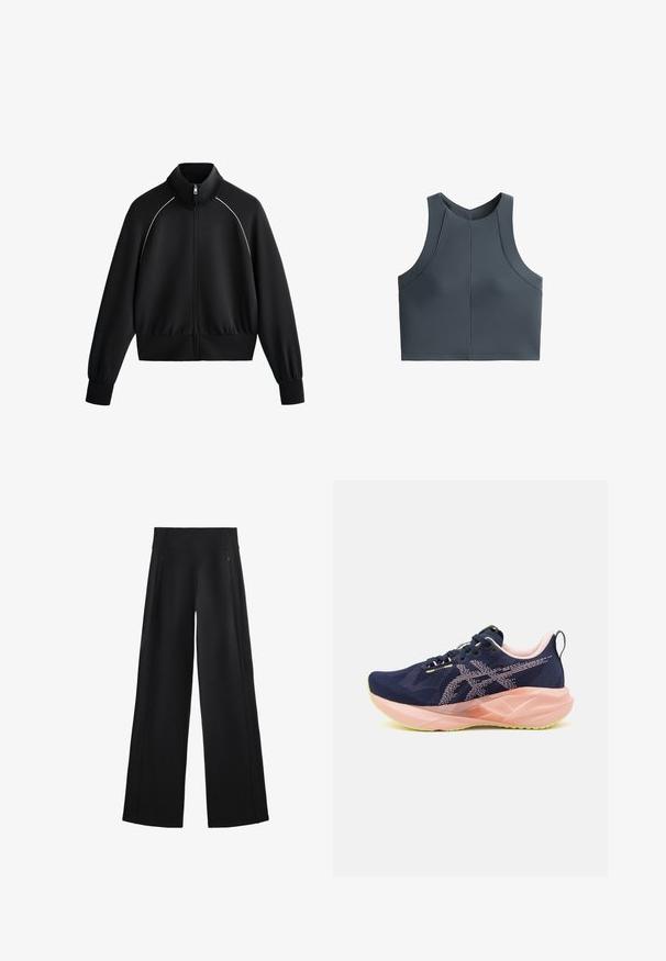 Veste de sport zippée noire avec col haut, poignets et taille côtelés. Présente des passepoils blancs le long des épaules et un tissu lisse et texturé.; Top court gris avec une texture côtelée, sans manches, et un col rond, mettant en avant des accents de couture pour un ajustement structuré.; Pantalons noirs à larges jambes en tissu doux, avec une taille haute et deux poches zippées, et des coutures discrètes sur les côtés.; Baskets de course bleu marine avec une tige en mesh, des accents roses et une semelle verte. Présente une semelle aux formes distinctives et un design à lacets.