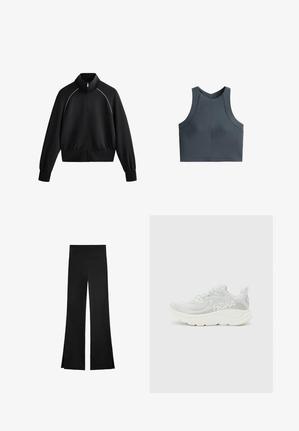 Črna športna jakna na zadrgo z visokim ovratnikom, rebrastimi manšetami in pasom. Ima belo obrobo ob ramenih in gladko, teksturirano tkanino.; Sivina skrajšana majica z ribasto teksturo, brez rokavov in okroglim izrezom, z dodatki šivov za strukturirano prileganje.; Črne hlače širokega kroja, z visokim pasom in stranskimi režami za lažje gibanje. Narejene iz gladkega, elastičnega materiala.; Lahka tekaška čevlja v beli in svetlo sivi mrežasti tkanini, ki imata debel, oblazinjen podplat in stranski logotip. Minimalistična zasnova z teksturirano tkanino.