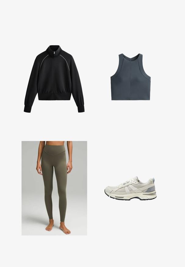 Giacca da uomo nera sportiva con zip e colletto alto, polsini e orlo a coste. Presenta una bordatura bianca sulle spalle e un tessuto liscio e strutturato.; Cropped top grigio con texture a coste, design senza maniche e scollatura rotonda, con dettagli delle cuciture per una vestibilità strutturata.; Leggings a vita alta di colore verde oliva, realizzati in un tessuto morbido e elasticizzato. Presentano un design aderente con una cucitura sottile lungo la vita.; Scarpa sportiva beige con tomaia in mesh testurizzato e dettagli lisci. Presenta una suola ammortizzata, punta rinforzata e suola esterna in gomma nera.