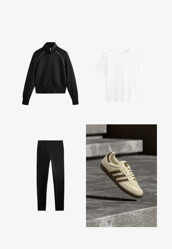 Czarna sportowa kurtka zapinana na zamek z wysokim kołnierzem, ściągaczami w rękawach i w pasie. Posiada białe lamówki na ramionach oraz gładki, teksturowany materiał.; Biała bawełniana koszulka, krótki rękaw, okrągły dekolt, luźny krój, gładka faktura, bez wzorów ani akcentów, prosty fason, uniwersalny styl.; Czarne legginsy wykonane z elastycznego materiału, z wysokim stanem, dopasowanym krojem i gładką fakturą, bez widocznych wzorów lub akcentów.; Kremowy tenisówka z brązowymi akcentami, teksturowanymi bocznymi paskami i gładkim wykończeniem ze skóry. Posiada sznurowanie i gumową podeszwę.