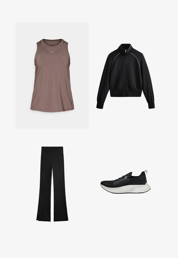 Giacca da uomo nera sportiva con zip e colletto alto, polsini e orlo a coste. Presenta una bordatura bianca sulle spalle e un tessuto liscio e strutturato.; Nike Performance ONE CLASSIC TANK - Top - ironstone/black; Pantaloni neri con una linea a gamba larga, dotati di una vita alta e fessure laterali per facilitare il movimento. Realizzati in un tessuto morbido ed elasticizzato.; Scarpe sportive nere con tomaia testurizzata, suola bianca ammortizzata e branding discreto. Presentano un'utilità per il tallone e chiusura con lacci.