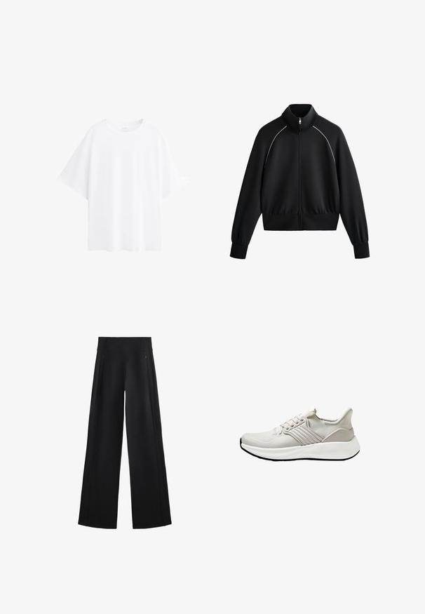 Jachetă sport neagră cu fermoar și guler înalt, cu manșete și talie ribbed. Prezintă detalii albe pe umeri și un material neted, texturat.; Tricou alb oversize din bumbac, cu mâneci scurte, decolteu rotund și textură netedă. Fără modele sau accente.; Pantaloni negri cu picioare largi, dintr-o țesătură moale, având un talie înaltă și două buzunare cu fermoar, cu cusături subtile pe lateral.; Șosetă sport ușoară din material de plasă bej cu un finisaj texturat, având o talpă albă și accente laterale tonale. Design simplu cu șireturi.