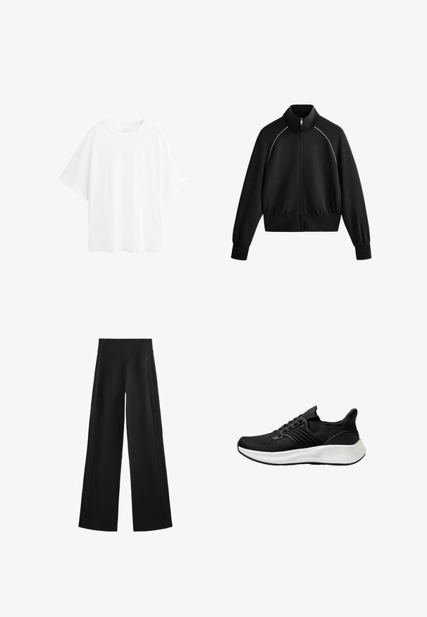 Svart atletisk zip-jacka med hög krage, ribbade ärmslut och midja. Har vit kant längs axlarna och ett slätt, strukturerat tyg.; Vit oversized T-shirt i bomull, med korta ärmar, rund halsringning och en slät textur. Inga mönster eller detaljer.; Bredbenta svarta byxor i mjukt tyg, med hög midja och två fickor med dragkedja, samt subtila sömmar längs sidorna.; Svart sportssko med ett texturerat tygöverdrag, snörningssystem och en vit mellansula. Har en låg profil och en böjd sula.