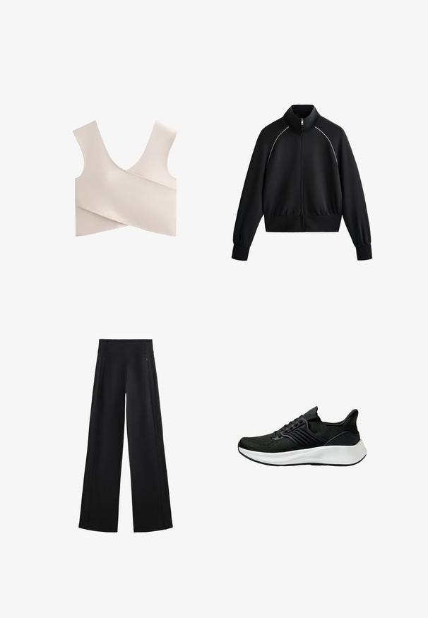 Černá sportovní bunda na zip s vysokým límcem, žebrovanými manžetami a pasem. Obsahuje bílý lem podél ramen a hladkou, texturovanou tkaninu.; Měkká, béžová braletka s V-výstřihem, širokými ramínky a překládaným designem. Vyrobena z elastického materiálu s hladkými, minimálními švy.; Široké černé kalhoty z měkké tkaniny, s vysokým pasem a dvěma kapsami na zip, s jemnými švy po stranách.; Černá sportovní obuv s texturovaným svrchním materiálem, šněrovacím systémem a bílou mezipodrážkou. Má nízký profil a zakřivený design podešve.