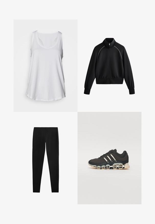 Czarna sportowa kurtka zapinana na zamek z wysokim kołnierzem, ściągaczami w rękawach i w pasie. Posiada białe lamówki na ramionach oraz gładki, teksturowany materiał.; Biała bezrękawnikowa bluzka wykonana z lekkiego materiału, z okrągłym dekoltem i luźnym krojem, lekko zaokrąglonym u dołu.; Czarne legginsy wykonane z gładkiego, elastycznego materiału. Ich fason ma dopasowany kształt bez widocznych szwów czy wzorów, co zapewnia elegancki wygląd.; Czarne sportowe buty z teksturowaną cholewką, trzema srebrnymi paskami i charakterystyczną podeszwą z amortyzacją, składającą się z wielu zintegrowanych sekcji.
