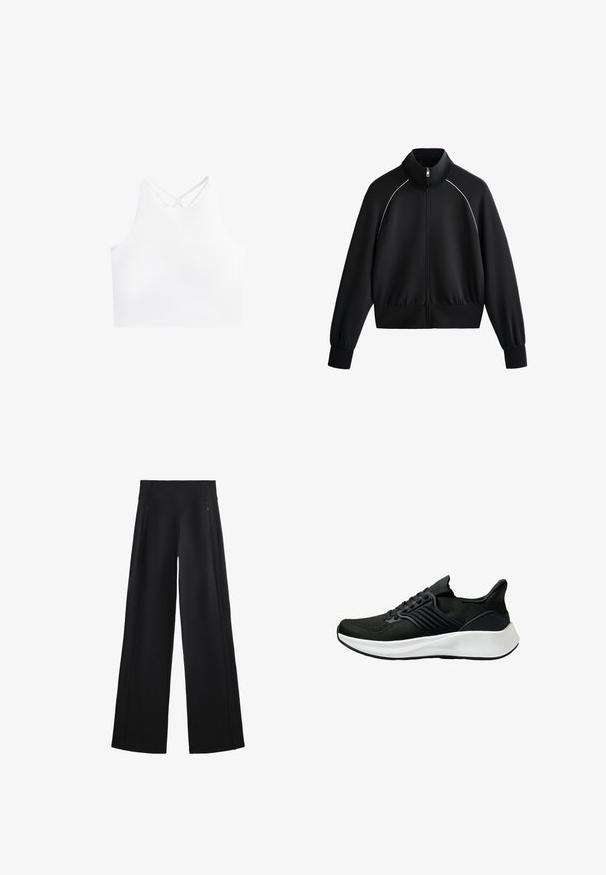 Sort atletisk zip-jakke med høj krave, ribbede manchetter og talje. Har hvid piping langs skuldrene og et glat, tekstureret stof.; Hvid atletisk crop top med høj halsudskæring og dobbelt krydset stropper på ryggen, der har en glat, strækbar stoftekstur.; Bredbenede sorte bukser lavet af et blødt stof, der har en høj talje og to lynlåslommer, med diskrete sømme langs siderne.; Sort træningssko med en struktureret overdelsstof, snøringssystem og en hvid mellemsål. Har en lav profil og buet således design.