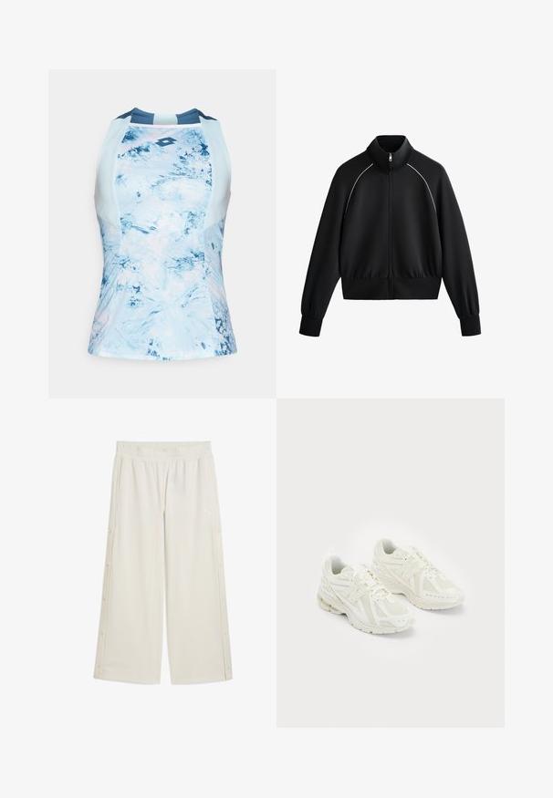 Svart atletisk zip-jacka med hög krage, ribbade ärmslut och midja. Har vit kant längs axlarna och ett slätt, strukturerat tyg.; Ärmlös atletisk topp i ljusblått med ett strukturerat, abstrakt mönster. Har en rundad halsringning och en logotyp i mitten.; Beige vida byxor med elastisk midja, sidoknappar och en liten logotyp framtill. Tillverkade av ett mjukt, lätt material.; Vita sportskor i vitt med mesh och syntetiska material, snörningsdesign, vadderad krage och texturerad sula för grepp. Lättviktig konstruktion.
