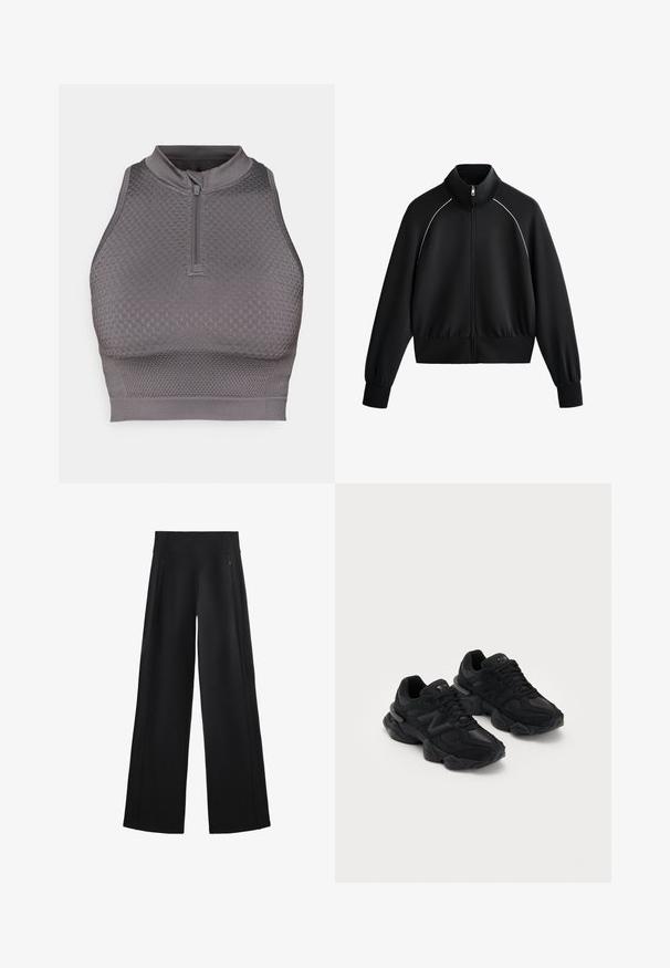 Giacca da uomo nera sportiva con zip e colletto alto, polsini e orlo a coste. Presenta una bordatura bianca sulle spalle e un tessuto liscio e strutturato.; Top corto sportivo grigio con collo a zip, motivo texture, design aderente e finitura liscia all'orlo e alle aperture per le braccia.; Pantaloni neri a gamba larga realizzati in un tessuto morbido, dotati di una vita alta e due tasche con zip, con cuciture sottili lungo i lati.; Scarpe da ginnastica nere con tomaia testurizzata, caratterizzate da un distintivo logo "N", suola imbottita e un profilo elegante e moderno.