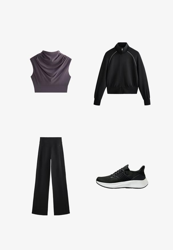 Black athletic zip-up jacket with high collar, ribbed cuffs, and waistband. Features white piping along shoulders and a smooth, textured fabric.; Cropped top in dark purple fabric with a cowl neckline, sleeveless design, and a solid, smooth texture. Features a fitted bottom hem.; Wide-leg black pants made of a soft fabric, featuring a high waistband and two zippered pockets, with subtle seams along the sides.; Black athletic shoe with a textured fabric upper, lacing system, and a white midsole. Features a low profile and curved sole design.
