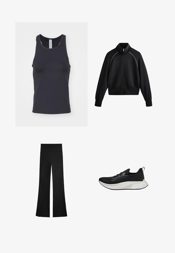 Fekete sportos zipzáros dzseki magas gallérral, bordázott mandzsettákkal és derékrésszel. Fehér díszítéssel ellátott vállrészekkel és sima, texturált anyaggal rendelkezik.; Fekete ujjatlan felső, puha, rugalmas anyagból készült. Kerek nyakkivágással és széles vállpántokkal rendelkezik, a kényelmes illeszkedés érdekében.; Fekete nadrág, széles szárakkal, magas derékkal és oldalsó hasítékokkal a könnyű mozgás érdekében. Simító, rugalmas anyagból készült.; Fekete sportcipő texturált felsőrésszel, fehér párnázott talppal és diszkrét logóval. Húzófül és fűzős záródás jellemzi.