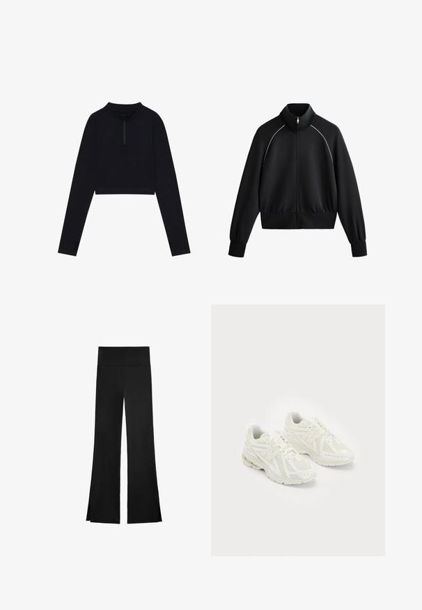 Zwarte sportieve zip-up jack met hoge kraag, geribde manchetten en tailleband. Heeft witte piping langs de schouders en een gladde, textuurstof.; Zwarte, cropped top met lange mouwen, hoge kraag en een halve rits, met duimgaten in de mouwen en een soepele textuur.; Zwarte broek met een wijd beenontwerp, voorzien van een hoge tailleband en zijsplitten voor gemakkelijke beweging. Gemaakt van een gladde, rekbare stof.; Witte sportschoenen van mesh en synthetische materialen, vetersluiting, gevoerde kraag en een gestructureerde zool voor grip. Lichtgewicht constructie.