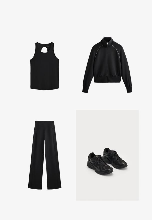 Black athletic zip-up jacket with high collar, ribbed cuffs, and waistband. Features white piping along shoulders and a smooth, textured fabric.; Black sleeveless top made of a smooth fabric, featuring a round back cutout and a straight hem. Simple design with no additional patterns.; Wide-leg black pants made of a soft fabric, featuring a high waistband and two zippered pockets, with subtle seams along the sides.; Black athletic shoes made of mesh and synthetic materials. Features a cushioned sole, textured patterns, and embossed branding on the side.