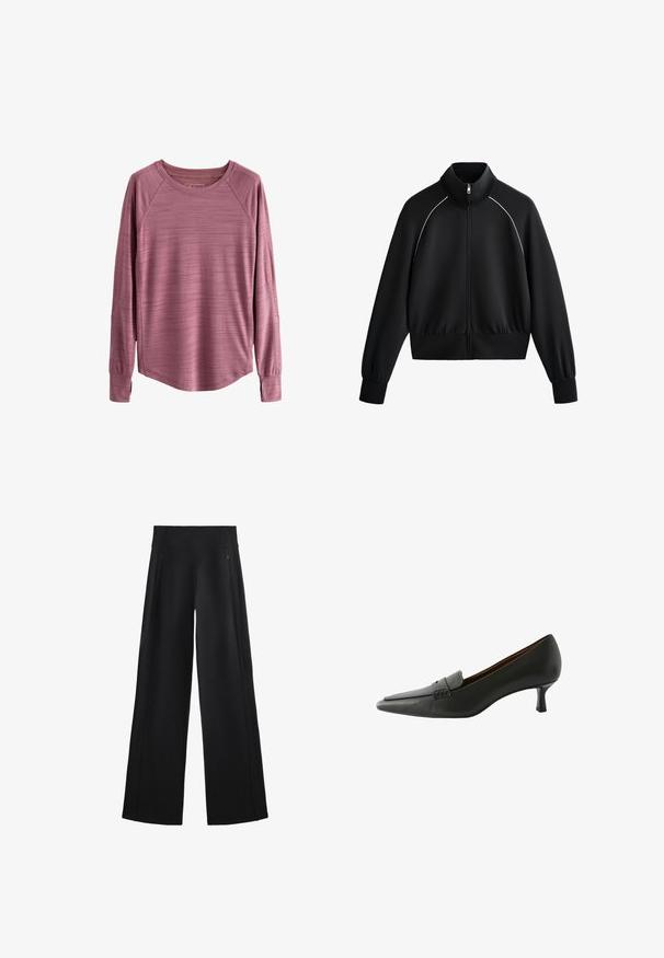 Schwarze sportliche Zip-up-Jacke mit hohem Kragen, gerippten Bündchen und Taillenbund. Mit weißen Paspeln entlang der Schultern und einem glatten, strukturierten Stoff.; Langärmliges Oberteil in einem gedämpften Rosaton, aus strukturiertem Stoff mit abgerundetem Saum und Raglanschnitten. Aus leichtem, atmungsaktivem Material.; Schwarze, weit geschnittene Hose aus einem weichen Stoff, mit einem hohen Bund und zwei mit Reißverschluss versehenen Taschen, sowie dezenten Nähten entlang der Seiten.; Schwarzer Lederschuh mit Absatz, spitz zulaufend und dekorativem Riemen. Er verfügt über einen niedrigen Stilettoabsatz und eine glatte Oberfläche.