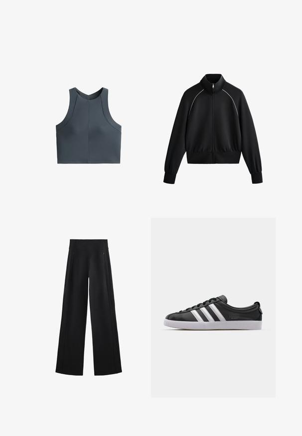 Schwarze sportliche Zip-up-Jacke mit hohem Kragen, gerippten Bündchen und Taillenbund. Mit weißen Paspeln entlang der Schultern und einem glatten, strukturierten Stoff.; Grauer Cropped-Top mit gerippter Textur, ärmellosem Design und rundem Ausschnitt, ausgestattet mit Nahtakzenten für eine strukturierte Passform.; Schwarze, weit geschnittene Hose aus einem weichen Stoff, mit einem hohen Bund und zwei mit Reißverschluss versehenen Taschen, sowie dezenten Nähten entlang der Seiten.; Schwarze Ledersneaker mit weißem Drei-Streifen-Design, runder Spitze, flacher weißer Gummisohle und Markenlogo an der Seite.