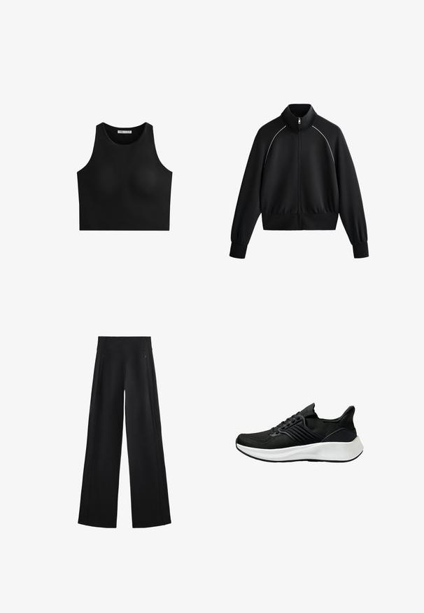 Svart atletisk zip-jacka med hög krage, ribbade ärmslut och midja. Har vit kant längs axlarna och ett slätt, strukturerat tyg.; Svart crop top med hög krage, ärmlös design och mjukt, elastiskt material. Inga synliga sömmar eller mönster. Enkel och minimalistisk stil.; Bredbenta svarta byxor i mjukt tyg, med hög midja och två fickor med dragkedja, samt subtila sömmar längs sidorna.; Svart sportssko med ett texturerat tygöverdrag, snörningssystem och en vit mellansula. Har en låg profil och en böjd sula.