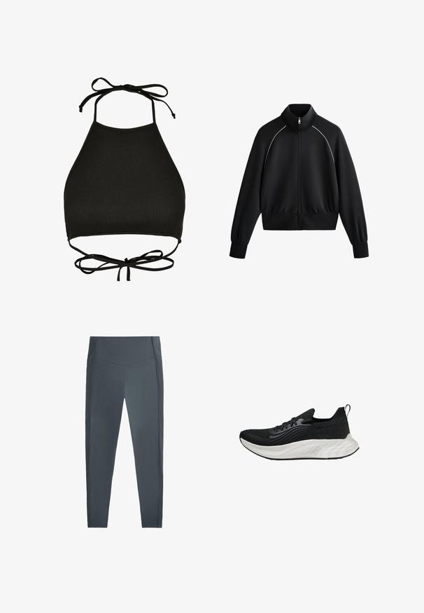 Sort atletisk zip-jakke med høj krave, ribbede manchetter og talje. Har hvid piping langs skuldrene og et glat, tekstureret stof.; Sort halterneck bikini-top lavet af ribbet stof; har justerbare nakkebånd og en udskåret ryg med en bundet detalje.; Mørkegrå leggings lavet af strækbart materiale med en glat tekstur. Har høj talje og ribbede sidelister for ekstra detalje.; Sort atletisk sko med en tekstureret overdel, en hvid polstret sål og diskret branding. Har en trækflap og snørelukning.