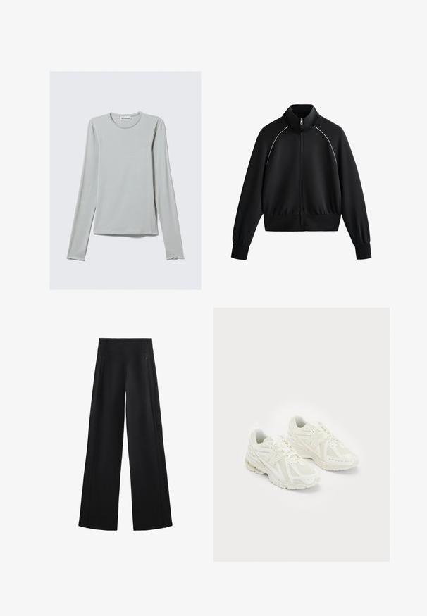 Czarna sportowa kurtka zapinana na zamek z wysokim kołnierzem, ściągaczami w rękawach i w pasie. Posiada białe lamówki na ramionach oraz gładki, teksturowany materiał.; Jasnoszary longsleeve z miękkiego materiału. Okrągły dekolt i prosty dół z delikatnie zaokrąglonymi mankietami.; Szerokie czarne spodnie wykonane z miękkiego materiału, z wysokim stanem i dwoma zapinanymi na zamek kieszeniami, z delikatnymi szwami po bokach.; Białe buty sportowe wykonane z siateczki i materiałów syntetycznych, z wiązanym fasonem, wyściełanym kołnierzem i strukturalną podeszwą dla lepszej przyczepności. Lekka konstrukcja.