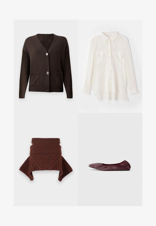 Smeđa pletena kardigan s V-izrezom, rebrastim manžetnama, dva prednja džepa i velikim gumbima za zakopčavanje. Meka tekstura pruža udobnost.; Bijela košulja s dugim rukavima od lagane tkanine. Ima klasičnu kragnu, dva džepa na prsima i blago duži stražnji rub.; Smeđa pletena jakna s rebrastom teksturom, strukturiranim ramenima i visokim ovratnikom. Dizajn uključuje geometrijske uzorke i snižena ramena.; Balerinke u tamnocrvenoj koži, s okruglim vrhom, elastičnom oko, i glatkom teksturom s suptilnim detaljima nabora.