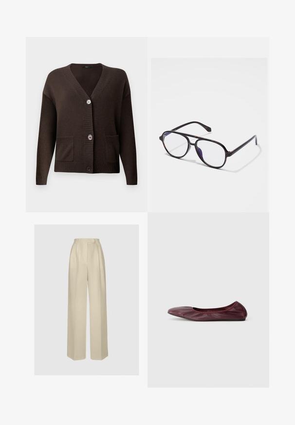 Cárdigan marrón de punto con escote en V, puños acanalados, dos bolsillos delanteros y grandes botones para abrochar. Textura suave que proporciona comodidad.; Camisa blanca con botones, hecha de tejido ligero. Cuenta con un cuello clásico, dos bolsillos en el pecho y un dobladillo trasero ligeramente más largo.; ANDIATA GYTTA - Pantalones - champagne; Bailarina en cuero burdeos profundo, con punta redondeada, borde elástico y textura suave con un sutil detalle de pliegues.; Gafas redondas de carey oscuro con lentes transparentes. Tienen un diseño de armazón delgado de plástico y un detalle sutil en las bisagras de las patillas.