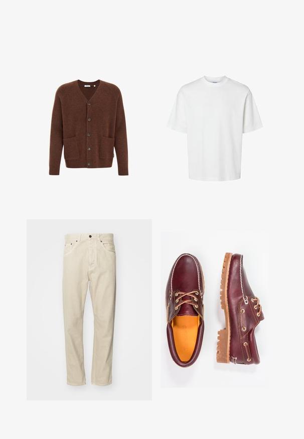 Ruskean villan neuletakki, jossa on V-kaula-aukko, kuusi nappia edessä, kaksi etutaskua, sekä ribbausta hihansuissa ja helmassa.; Valkoinen puuvillapaita lyhyillä hihoilla, pyöreällä kaula-aukolta ja rentoa istuvuutta. Sujuva pinta ilman näkyviä kuvioita tai korostuksia.; Beige, puuvillaiset housut suoralla lahkeella, viisi taskua ja metalliset yksityiskohdat. Sileä pinta, jossa on minimaalinen ompelu.; Burgundin nahkakengät ruskeilla kumipohjilla, pyöreällä kärjellä, valkoisella ompelulla ja kultaisilla nauha-aukkoilla. Sisäpuolella on keltainen vuori.