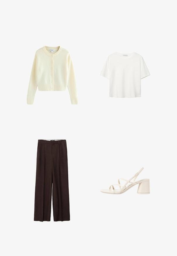 Kardigan kremového odstínu vyrobený z měkkého pleteného materiálu. Má kulatý výstřih, dlouhé rukávy a šest předních knoflíků. Žebrovaný lem a manžety.; Valkoinen lyhythihainen T-paita, joka on tehty puuvillasta. Siinä on pyöreä kaula-aukko ja rento malli. Silkkinen pinta ilman näkyviä kuvioita tai koristeita.; Ruske linene hlače širokih nogavica z ravnim prednjim delom, dvema stranskima žepoma in krojem po meri, ki ponujajo sproščeno, tekočo silhueto.; Beige sandaalit korkokengät, joissa on kapeat, ristiin menevät hihnat, avoin varvas ja neliömäinen tukikorko. Liukas lakattu pinta, säädettävä nilkkahihna.
