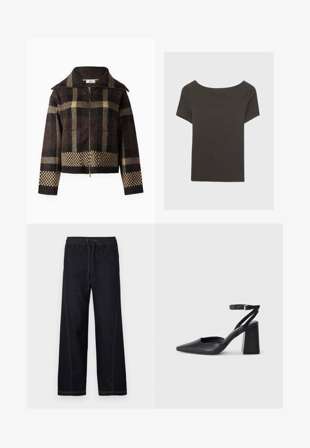 Brun och svart rutigt fleecejacka med dragkedja, stor krage och ribbat nederkant, med mönster i kontrasterande färger.; Mörkgrå kortärmad topp med båthals. Tillverkad av ribbad tyg, med avslappnad passform och ren fåll. Enkelt design, inga mönster.; Mörka vida jeansbyxor med elastisk midja och dragsko, kontrasterande orange sömmar och raka, rena linjer.; Svart läderpumps med spetsig tå, ankelrem och kraftig klack. Slät textur, stilren design och minimalistisk estetik.
