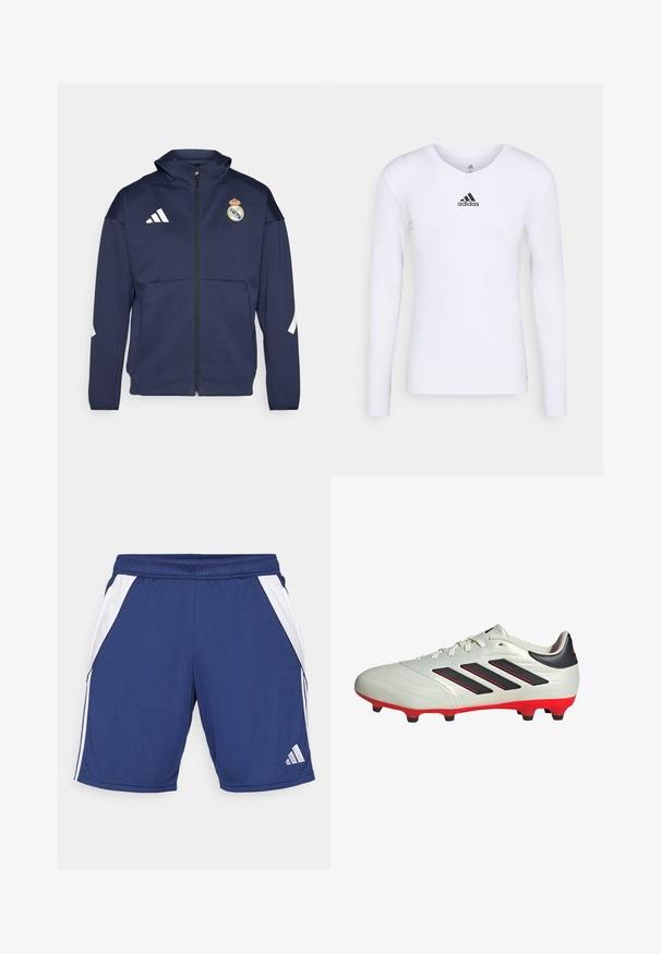 Chaqueta navy con cremallera y capucha, presenta el logo blanco de Adidas y el escudo del Real Madrid. Fabricada en tejido suave con bolsillos laterales.; Camiseta deportiva de manga larga blanca, fabricada con material suave, que presenta un logo negro de Adidas en el pecho; diseño de cuello en V y forma ajustada.; Pantalones cortos deportivos de color navy con paneles laterales blancos, cinturilla elástica y detalle de logo en el dobladillo inferior. Hechos de una tela ligera y transpirable.; Botas de fútbol blancas con acentos negros y suela roja. Presentan tres rayas negras en el lateral y una parte superior de textura suave.