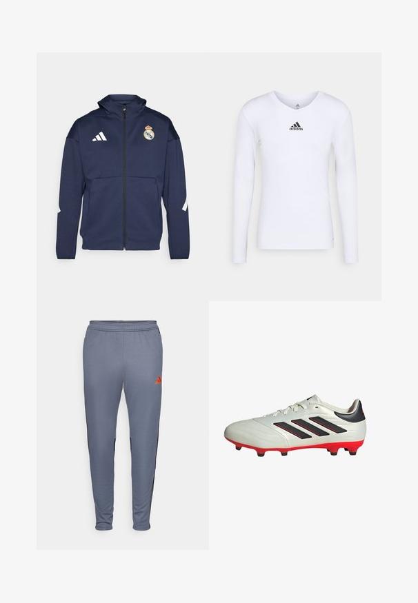Chaqueta navy con cremallera y capucha, presenta el logo blanco de Adidas y el escudo del Real Madrid. Fabricada en tejido suave con bolsillos laterales.; Camiseta deportiva de manga larga blanca, fabricada con material suave, que presenta un logo negro de Adidas en el pecho; diseño de cuello en V y forma ajustada.; Pantalones deportivos grises con corte ajustado, que cuentan con paneles laterales negros y un logo de Adidas naranja en la parte superior de la pierna derecha. Material suave y elástico.; Botas de fútbol blancas con acentos negros y suela roja. Presentan tres rayas negras en el lateral y una parte superior de textura suave.