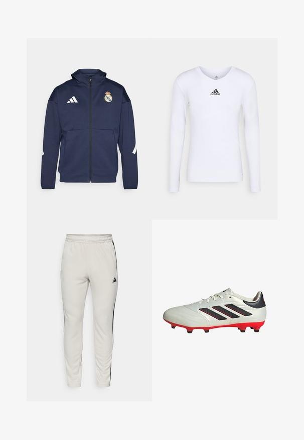 Navy zip-up jacket with a hood, features white Adidas logo and Real Madrid crest. Made of smooth fabric with side pockets.; Long-sleeve white athletic shirt made of smooth material featuring a black Adidas logo at the chest; V-neck design and fitted shape.; adidas Performance TRAIN ESSENTIALS 3-STRIPES - Tracksuit bottoms - alumina/black; White soccer cleat with black accents and red sole. Features three black stripes on the side and a smooth textured upper.