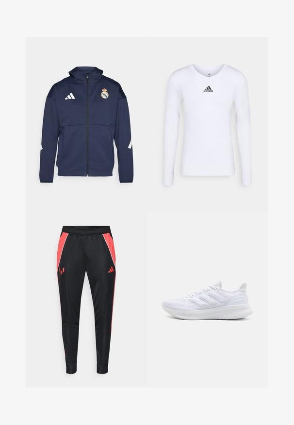Marineblå zip-up jakke med hætte, prydet med hvidt Adidas-logo og Real Madrid-crest. Lavet af glat stof med sidelommer.; Langærmet hvid sports T-shirt lavet af glat materiale med et sort Adidas-logo på brystet; V-hals design og tætsiddende pasform.; Sorte træningsbukser med røde sidepaneler, elastisk talje og hvide accentstriber. Har logo på venstre lår. Fremstillet af glat, letvægtsmateriale.; Hvide sportssko med en tekstureret mesh-overdel, en støttende polstret sål og et tre-stripes design på siden.