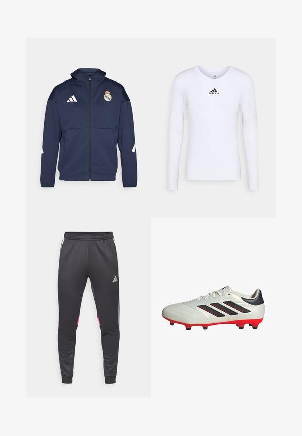 Chaqueta navy con cremallera y capucha, presenta el logo blanco de Adidas y el escudo del Real Madrid. Fabricada en tejido suave con bolsillos laterales.; Camiseta deportiva de manga larga blanca, fabricada con material suave, que presenta un logo negro de Adidas en el pecho; diseño de cuello en V y forma ajustada.; Pantalones deportivos negros con cintura elástica, piernas ajustadas, rayas blancas a los lados y acentos rosas en los muslos. Fabricados con una tela suave.; Botas de fútbol blancas con acentos negros y suela roja. Presentan tres rayas negras en el lateral y una parte superior de textura suave.