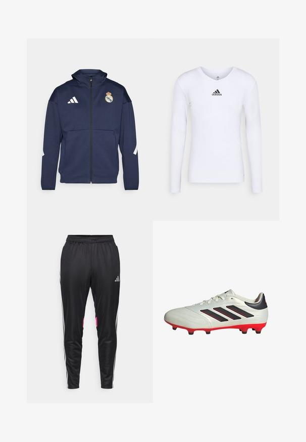 Chaqueta navy con cremallera y capucha, presenta el logo blanco de Adidas y el escudo del Real Madrid. Fabricada en tejido suave con bolsillos laterales.; Camiseta deportiva de manga larga blanca, fabricada con material suave, que presenta un logo negro de Adidas en el pecho; diseño de cuello en V y forma ajustada.; Pantalones deportivos negros de poliéster suave, con rayas laterales blancas, acentos rosas en los bolsillos y una cinturilla elástica.; Botas de fútbol blancas con acentos negros y suela roja. Presentan tres rayas negras en el lateral y una parte superior de textura suave.
