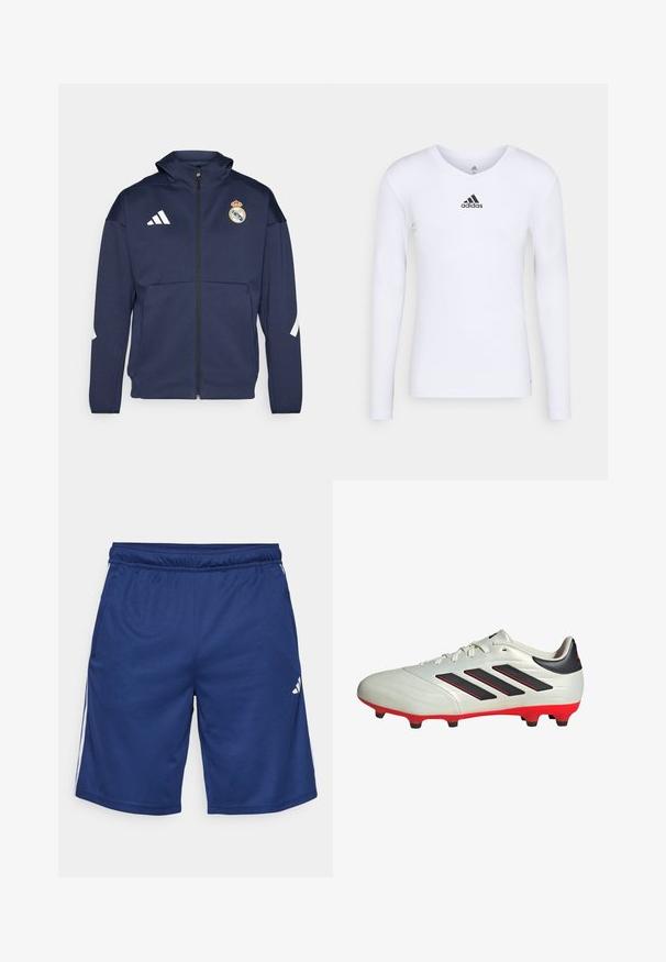 Giacca zip-up blu navy con cappuccio, presenta il logo bianco Adidas e lo stemma del Real Madrid. Realizzata in tessuto liscio con tasche laterali.; Maglietta atletica bianca a maniche lunghe realizzata in materiale morbido con logo Adidas nero sul petto; design a V e forma aderente.; Pantaloni sportivi blu con cintura elastica, tasche laterali e strisce bianche laterali. Realizzati in tessuto leggero e traspirante.; Scarpa da calcio bianca con accenti neri e suola rossa. Presenta tre strisce nere sul lato e una tomaia liscia e testurizzata.