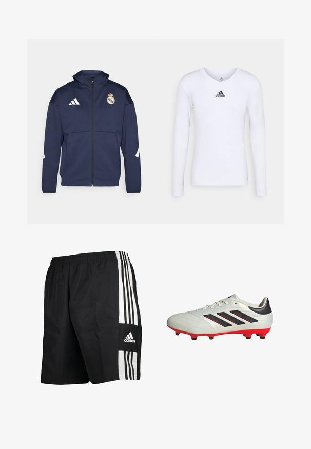 Chaqueta navy con cremallera y capucha, presenta el logo blanco de Adidas y el escudo del Real Madrid. Fabricada en tejido suave con bolsillos laterales.; Camiseta deportiva de manga larga blanca, fabricada con material suave, que presenta un logo negro de Adidas en el pecho; diseño de cuello en V y forma ajustada.; Pantalones cortos deportivos negros con cinturilla elástica, que presentan tres franjas verticales blancas en el costado y el logo de Adidas en la parte inferior de la pierna.; Botas de fútbol blancas con acentos negros y suela roja. Presentan tres rayas negras en el lateral y una parte superior de textura suave.