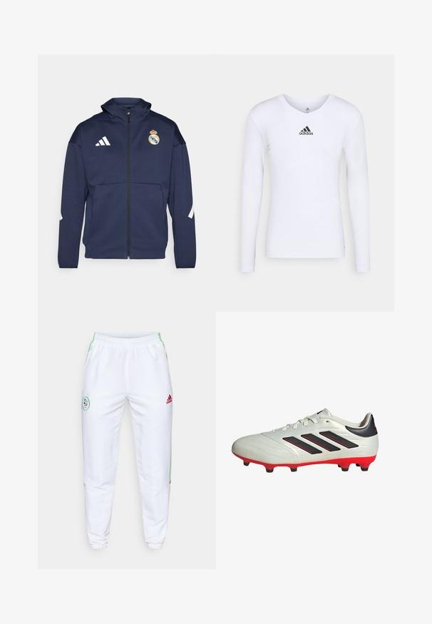 Marineblauwe zip-up jas met capuchon, voorzien van het witte Adidas-logo en het Real Madrid-embleem. Gemaakt van gladde stof met zijzakken.; Witte sportshirt met lange mouwen, gemaakt van glad materiaal, met een zwart Adidas-logo op de borst; V-halsontwerp en een getailleerde pasvorm.; Witte sportbroek met elastische tailleband, groene zijstripes en rood Adidas-logo. Heeft een ronde geborduurde patch op de dij.; Witte voetbalschoen met zwarte accenten en een rode zool. Heeft drie zwarte strepen aan de zijkant en een gladde, textuur bovenkant.
