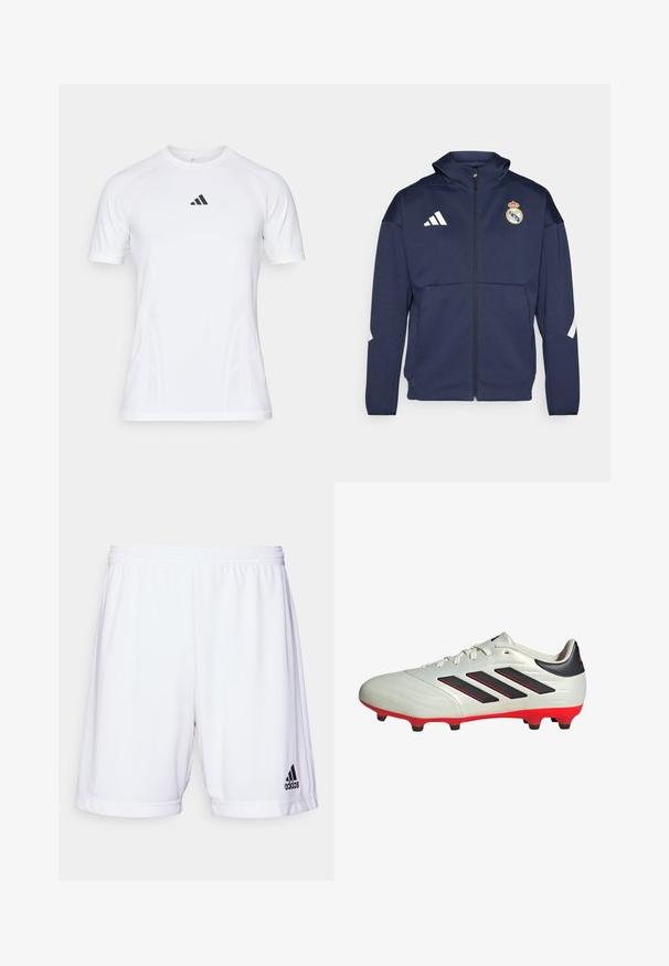 Chaqueta navy con cremallera y capucha, presenta el logo blanco de Adidas y el escudo del Real Madrid. Fabricada en tejido suave con bolsillos laterales.; adidas Performance TENNIS PRO SEAMLESS AEROREADY FREELIFT - Camiseta deportiva - white; Bermudas deportivas blancas con una cintura elástica, fabricadas con un tejido suave. Presenta un logo negro de Adidas en la parte inferior izquierda.; Botas de fútbol blancas con acentos negros y suela roja. Presentan tres rayas negras en el lateral y una parte superior de textura suave.