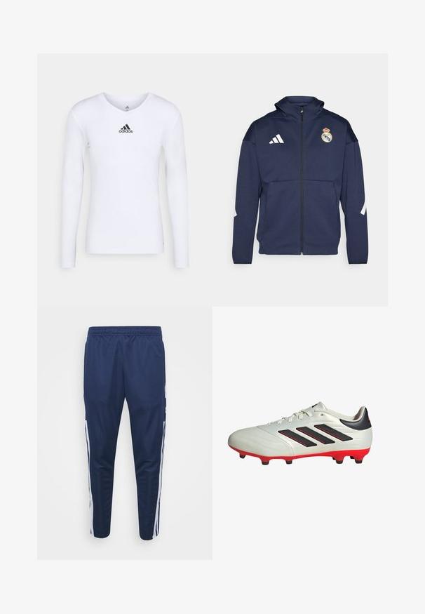 Veste zippée navy avec capuche, présentant le logo Adidas blanc et le blason du Real Madrid. Fabriquée en tissu lisse avec des poches latérales.; T-shirt de sport à manches longues, blanc, en matériau lisse, avec un logo Adidas noir sur la poitrine ; design en V et coupe ajustée.; Jogging en tissu navy avec une taille extensible, des jambes fuselées et des rayures blanches sur les côtés. Fabriqué en tissu léger et lisse.; Crampon de football blanc avec des accents noirs et une semelle rouge. Présente trois bandes noires sur le côté et un upper lisse et texturé.