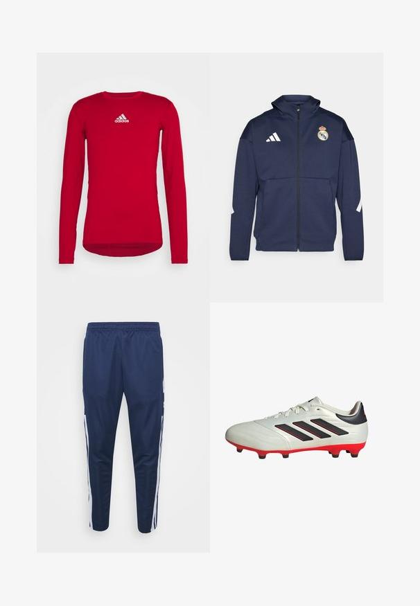 Navy zip-up jacket with a hood, features white Adidas logo and Real Madrid crest. Made of smooth fabric with side pockets.; Red long-sleeve athletic shirt made of stretch fabric, featuring a round neck and a white Adidas logo on the upper front. Smooth texture.; Navy athletic joggers with a stretchy waistband, tapered legs, and white side stripes. Made from lightweight, smooth fabric.; White soccer cleat with black accents and red sole. Features three black stripes on the side and a smooth textured upper.