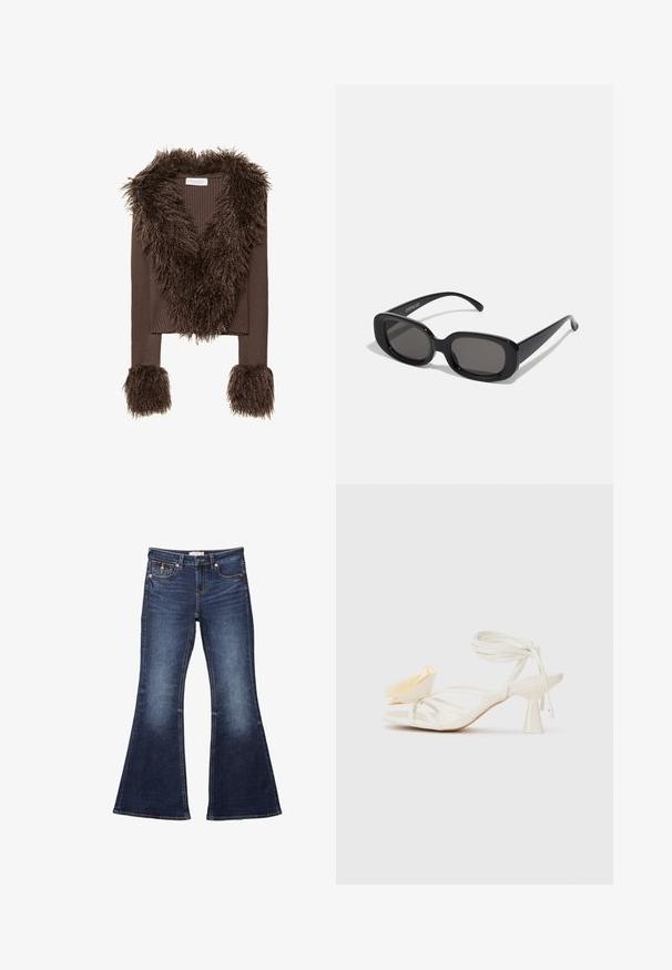 Veste courte marron à côtes avec un col et des poignets en fausse fourrure shaggy, présentant un tissu texturé et un design en v.; Haut blanc à épaules nues avec des bords festonnés, un corsage smocké, un ourlet évasé et un tissu léger présentant une texture subtile.; Jean flare bleu foncé avec une taille, un design à cinq poches, des accents de couture et une texture en denim lisse.; Sandale à talons hauts blanche avec des lanières et un bout pointu. Présente un accent décoratif en forme de pétale jaune et un design de lanière fine à la cheville.; Lunettes de soleil rectangulaires noires avec des verres foncés. Monture en plastique épaisse, texture lisse et bords arrondis. Les branches élégantes s'étendent vers l'extérieur.; Sac hobo en cuir noir au design décontracté, avec une large bandoulière et une texture lisse. Dispose d'une fermeture éclair unique sur le côté.